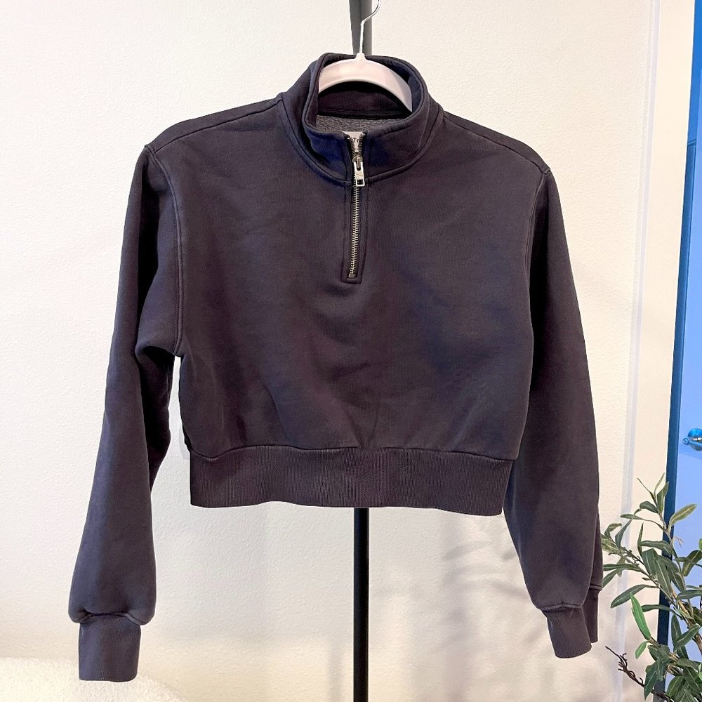 Aritzia TNA Cozy Fleece 1/4 Zip Crop Sweatshirt Periscope Grey | XS